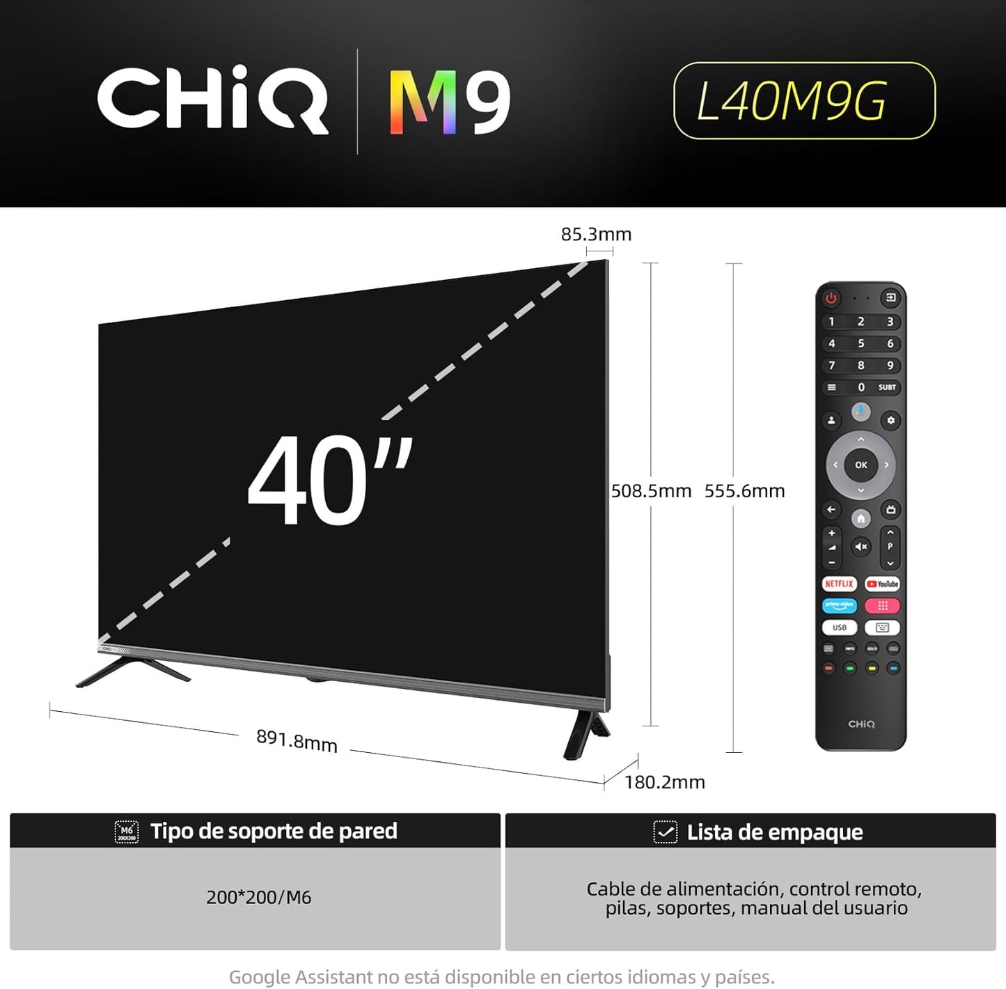 CHiQ L40M9G Smart TV de 40 Pulgadas (100 cm), HDR10, Google TV