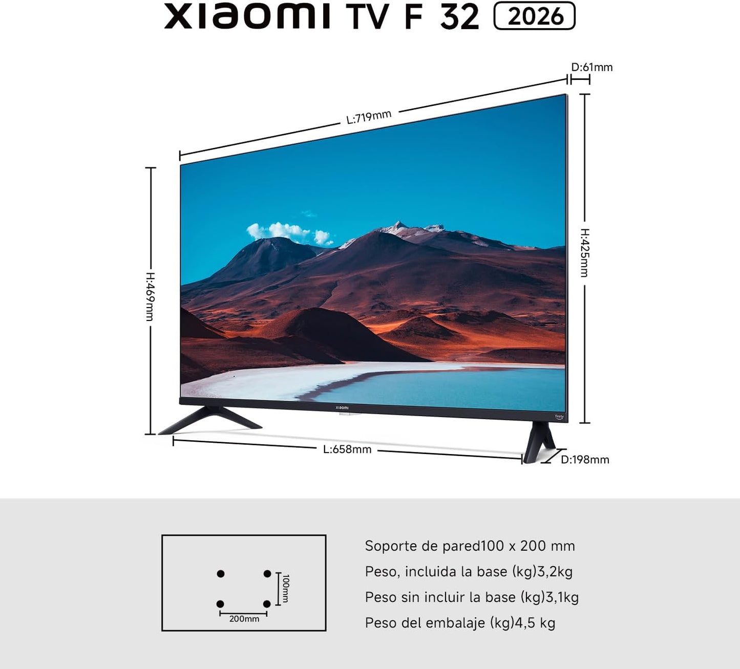 XIAOMI TV F 32, 32 Pulgadas (81 cm), HD, Smart TV, Fire OS7, Control por Voz Alexa, Dolby Audio, DTS Virtual:X, DTS-HD, Compatible con Apple AirPlay, 2025