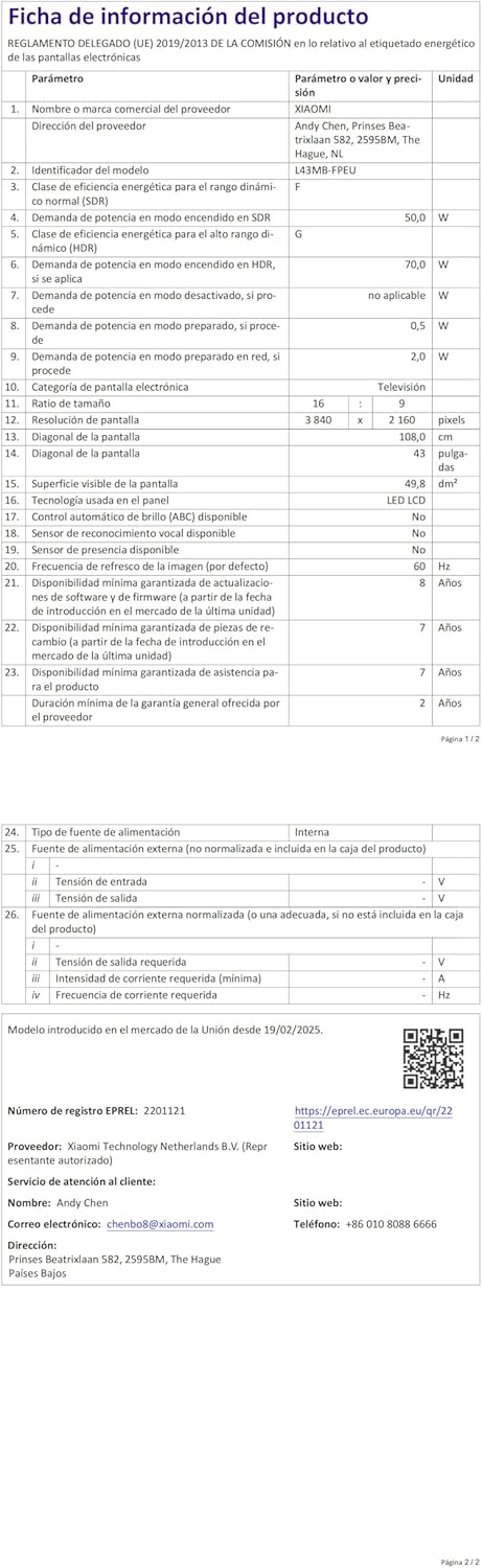 XIAOMI TV F Pro 43, 43 Pulgadas