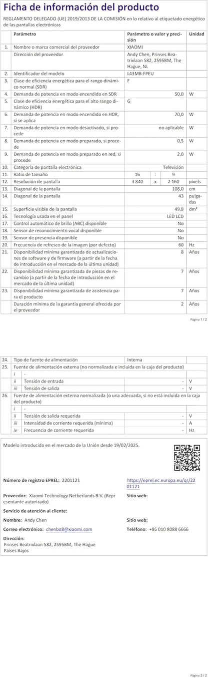 XIAOMI TV F Pro 43, 43 Pulgadas