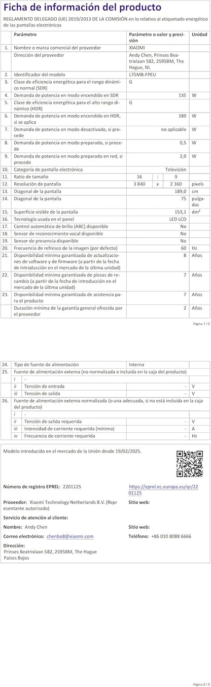 XIAOMI TV F Pro 75, 75 Pulgadas