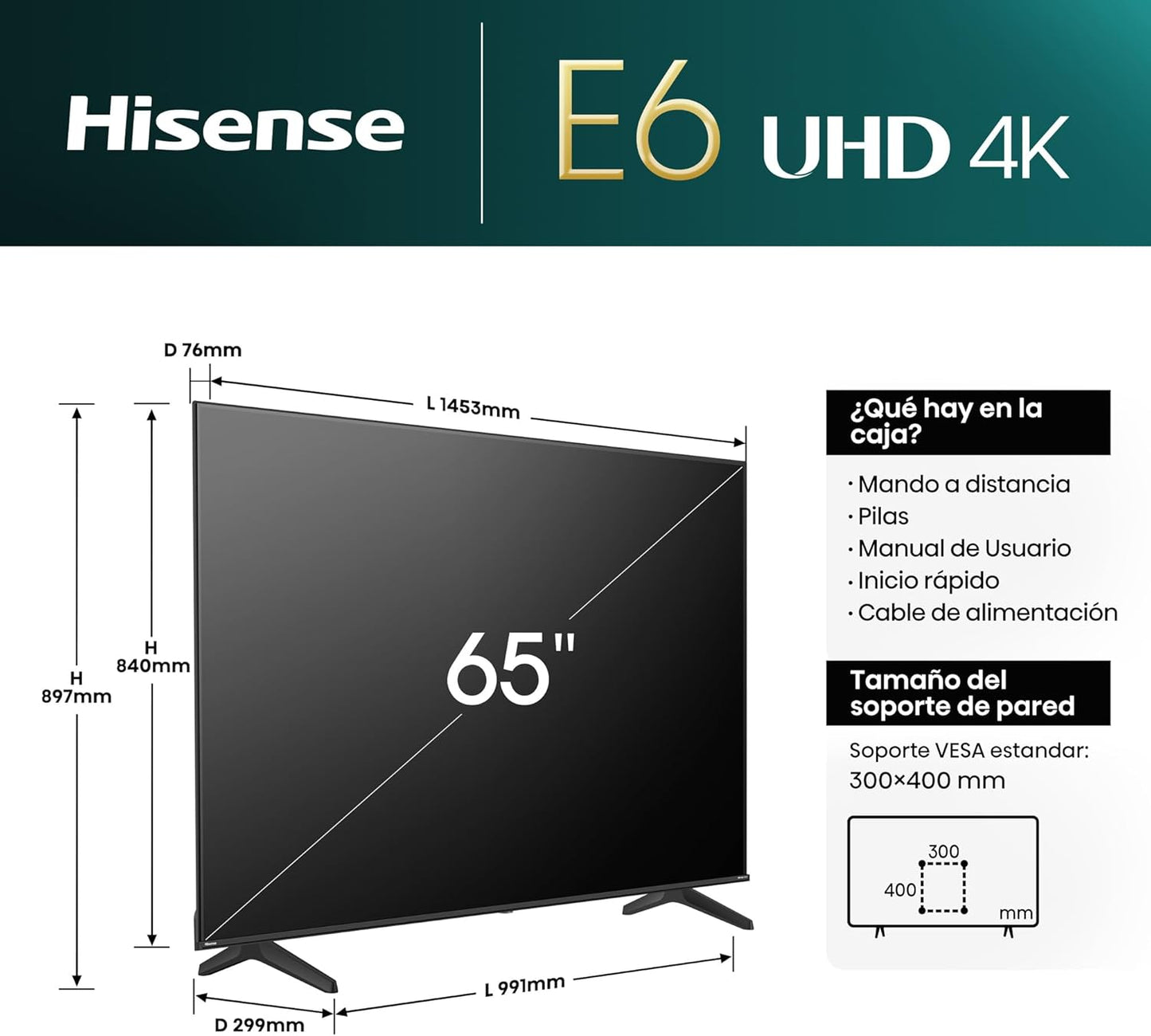 Hisense 65E6NT - UHD 4K,VIDAA Smart TV, 65 Pulgadas