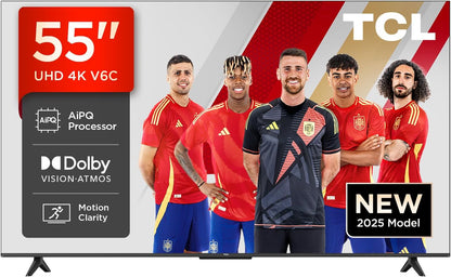 TCL 55V6C 55” Direct LED Smart TV, 4K HDR, Powered by Google TV (Dolby Audio, Motion Clarity, Compatible with Google Assistant & Alexa) [Clase de eficiencia energética E]